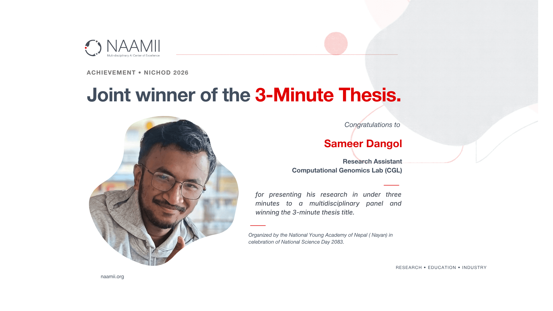 Sameer named Joint Winner of 3-Minute Thesis Competition at NiCHOD 2026